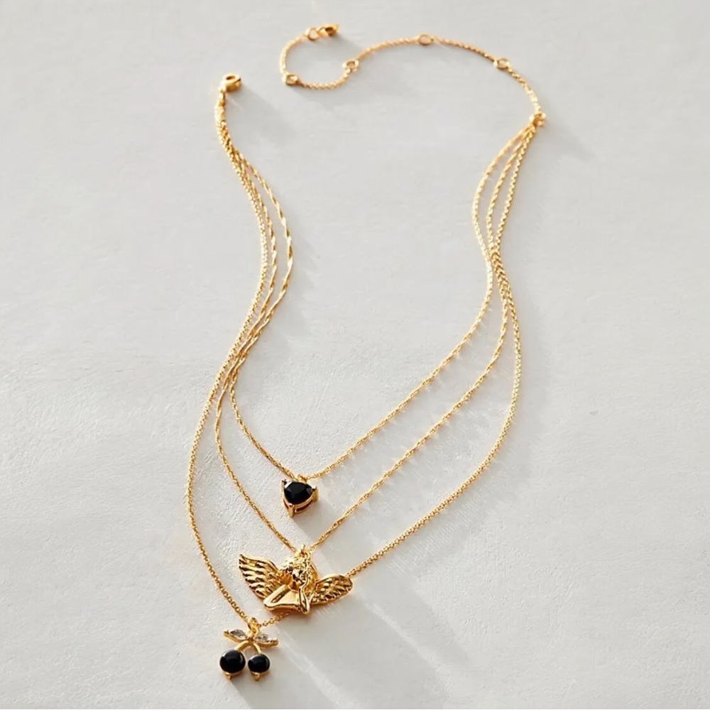 Free People Angels Only 14 K Gold Plated Layered Pendant Necklace / Black